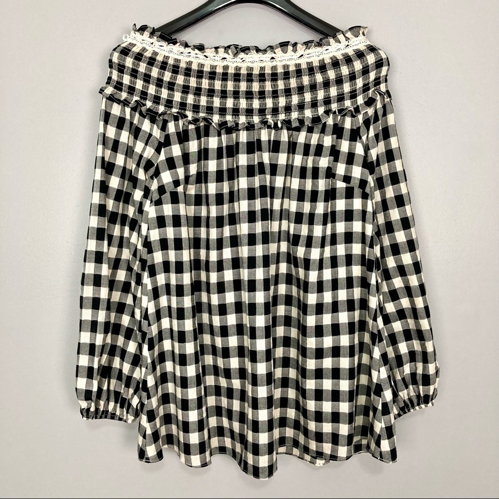 ModCloth RYU Gingham Off Shoulder Blouse Women’s Size S Balloon Sleeves Smocked
